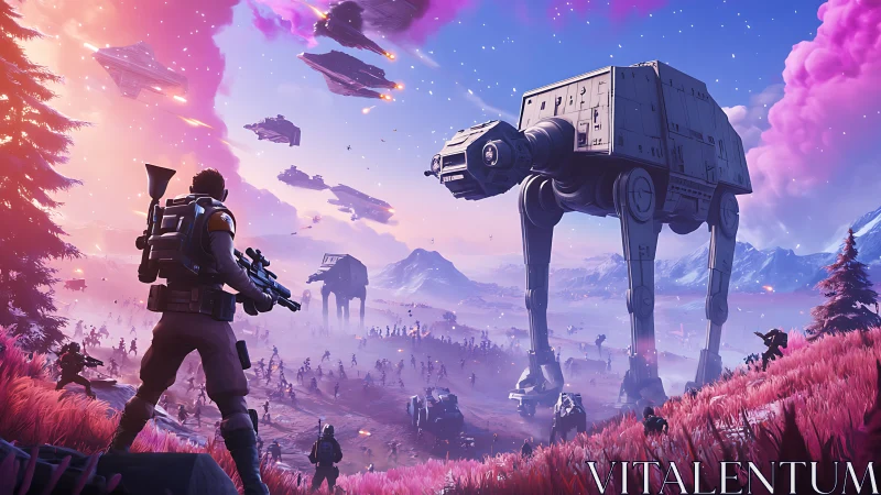 Sci fi ground battle with walkers on vibrant alien world.