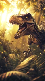 Dinosaur rendered in high-detail 3D, backlit within dense jungle canopy