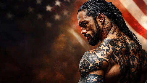 Tattooed muscular man stands before blurred US flag background