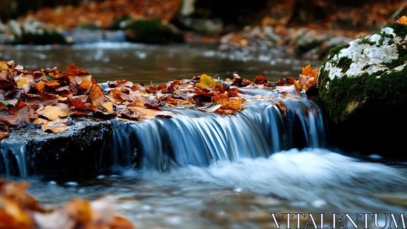Long-exposure autumn stream captures silky water over leaf-covered rock