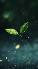 Suspended green leaf pair with rain droplets in shallow focus