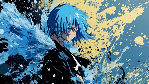 Blue-haired anime warrior amid explosive paint splashes.