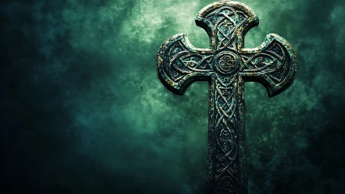 Aged Celtic stone cross with intricate knotwork on teal mist