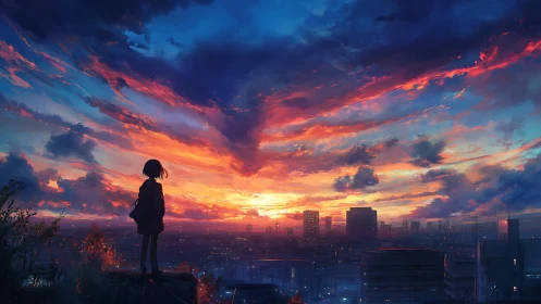 Silhouetted girl observes blazing sunset over vast city
