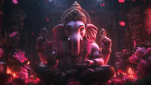 Divine Ganesha idol glows in petals and sacred temple light
