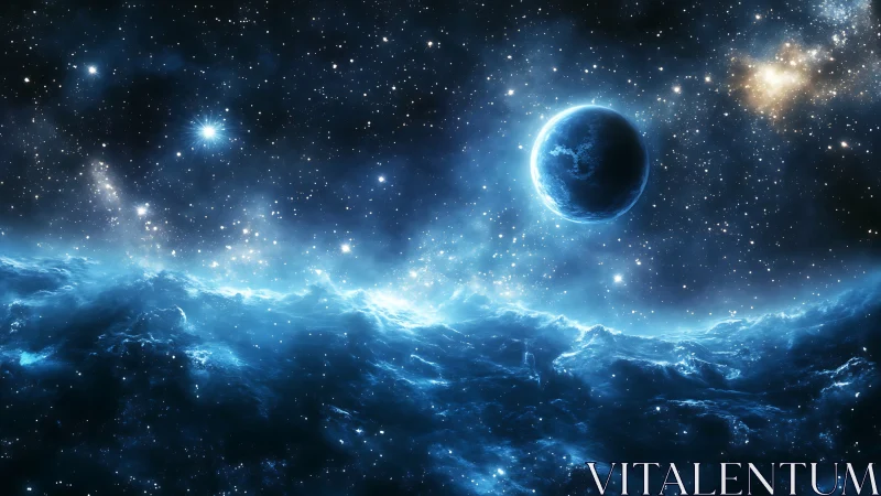 Starlit cosmic waves roll beneath a glowing blue planet