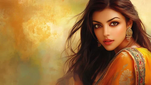 Portrait of woman in ornate orange attire, warm backdrop.