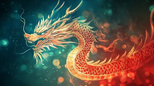 Fiery serpentine dragon coils through glowing teal embers.