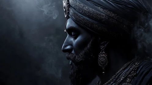 Low-key side profile of regal turbaned figure with ornate jewelry