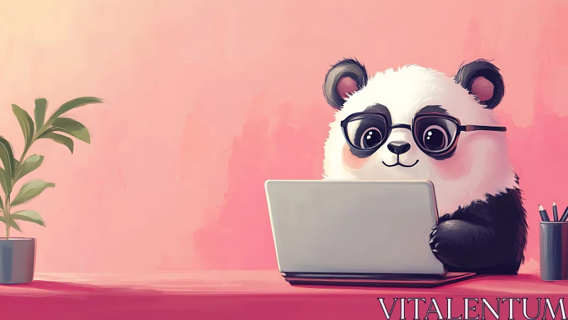 Cartoon panda with glasses uses laptop at desk in pink studio