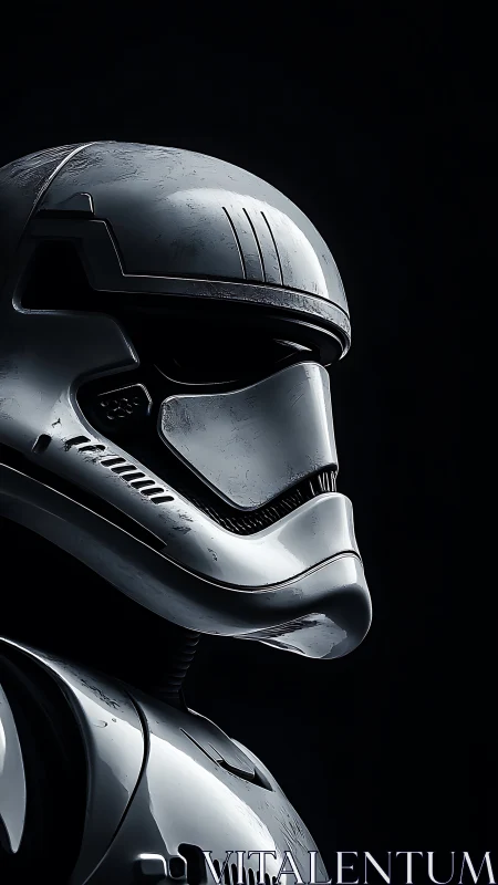 High-contrast 3D render of futuristic armored helmet profile