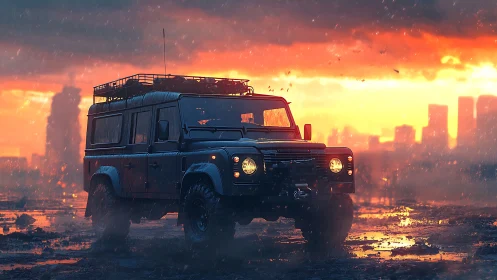 Off-road truck stands defiant in a stormy, burning city sunset