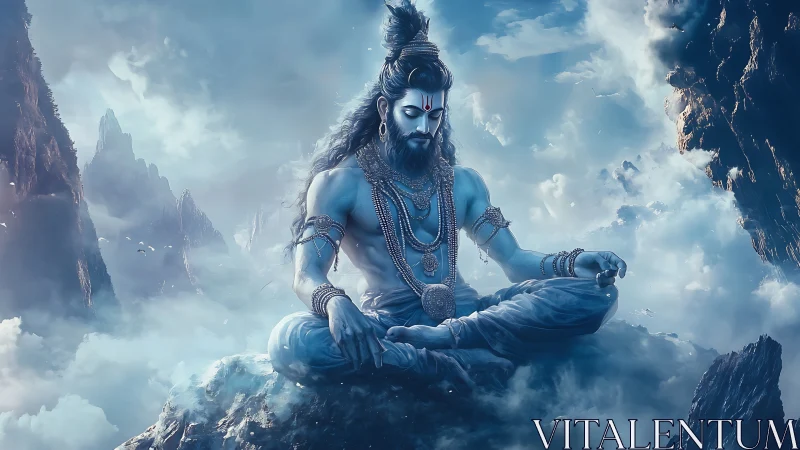 Divine blue deity meditating above icy Himalayan clouds.