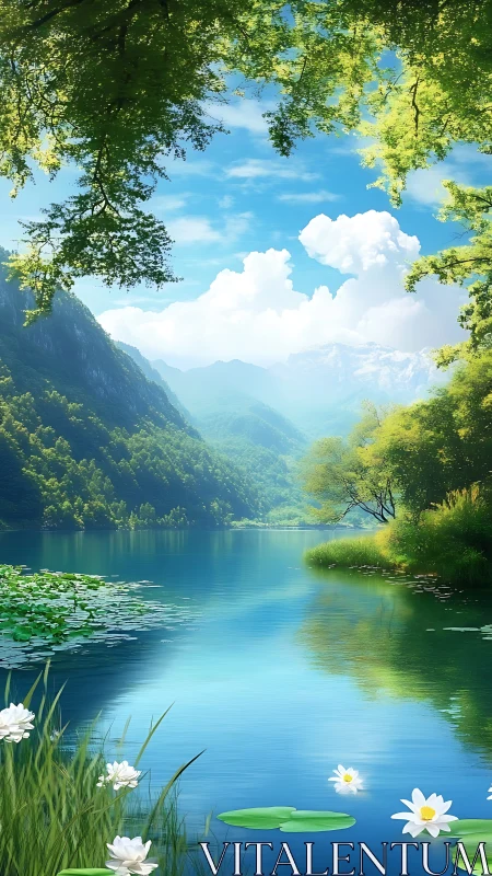 Serene alpine lake with lilies, forested slopes and distant peaks.