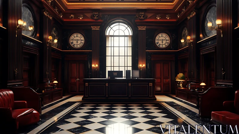 Grand hotel lobby wrapped in warm light and quiet charm.