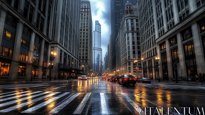 Rain slicked city street with reflective skyline glow.
