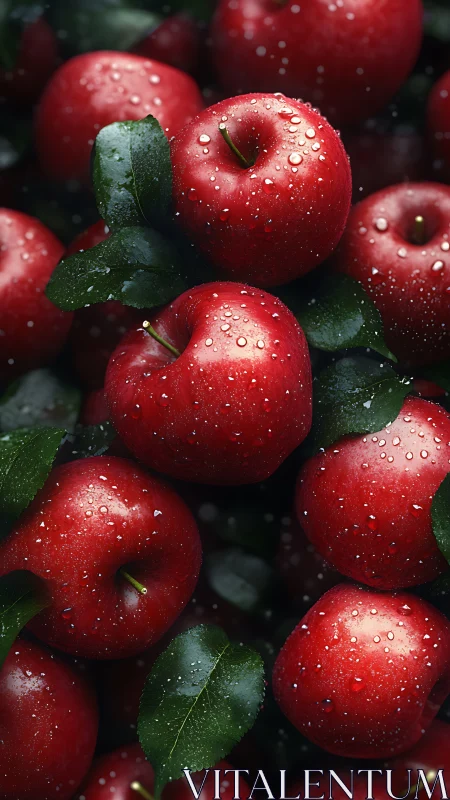 Clustered red apples with water droplets and dark foliage.