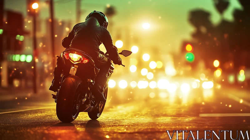 Lone motorcyclist rides through glowing city lights at dusk