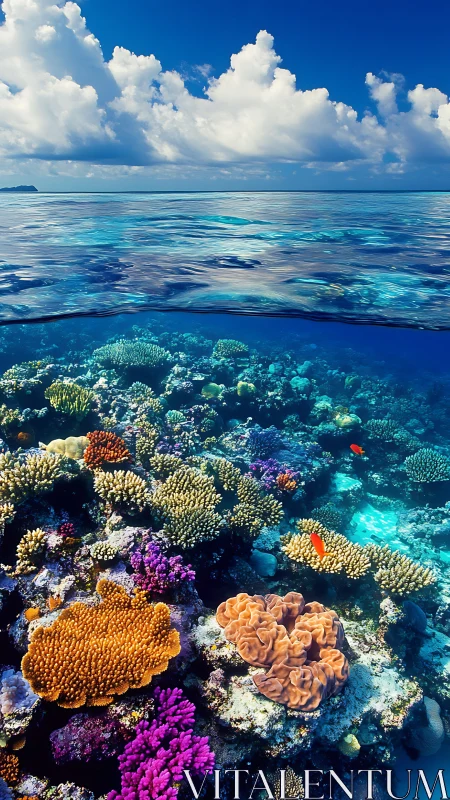 Coral reef landscape beneath calm tropical ocean surface.