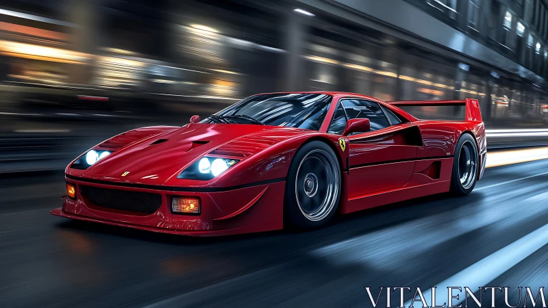 Red supercar streaking through illuminated city streets.