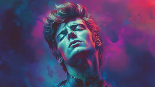 Male portrait shows upward pose in neon gradient lighting