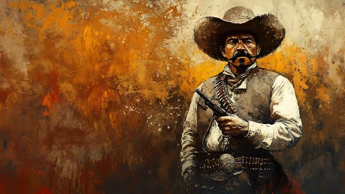 Dustborn gunslinger framed in molten sunset brushstrokes.