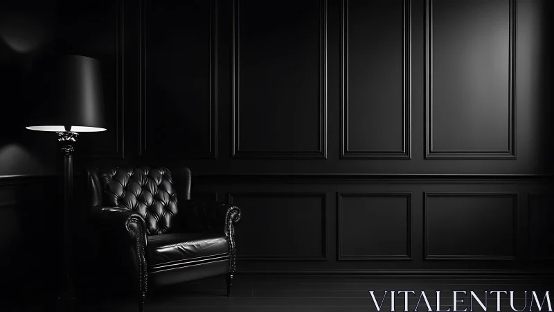 Midnight leather armchair in dramatic monochrome interior.