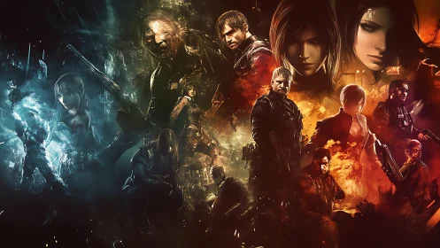 Colliding heroes stand amid icy blues and burning orange chaos