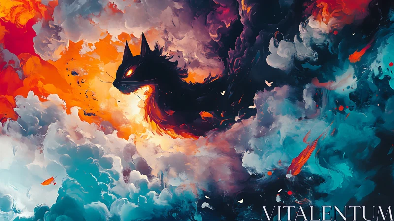 Fiery spectral cat silhouette emerges from swirling clouds