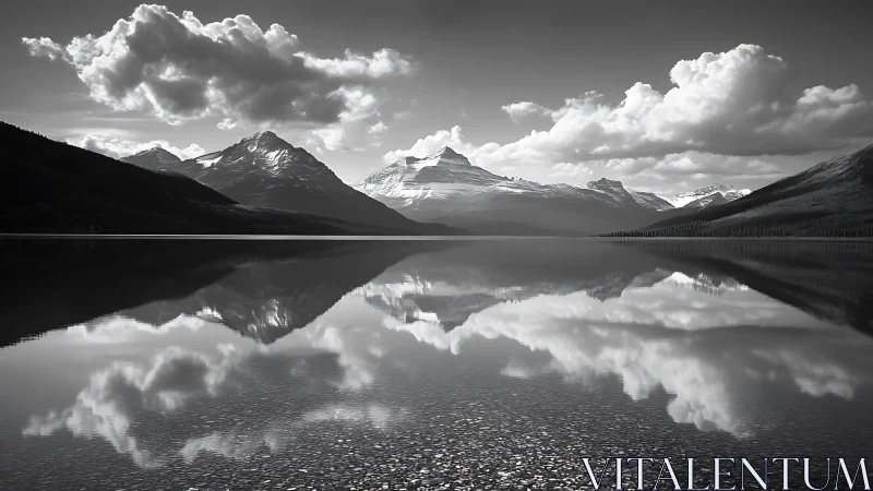 Monochrome alpine lake mirror with clouds and peaks.