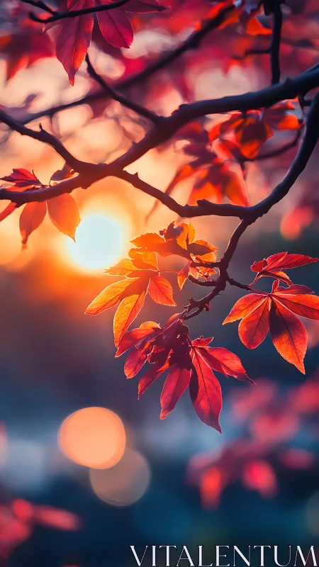 Sunset glow on crimson leaves in a dreamy autumn pause.
