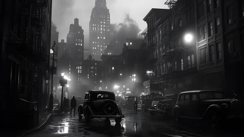 Noir-style city street scene depicts vintage cars in rain