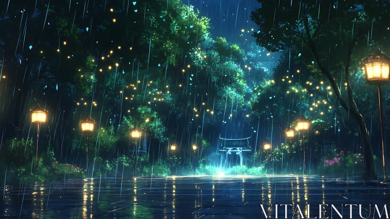 Lantern rainpath to a glowing forest shrine at midnight.