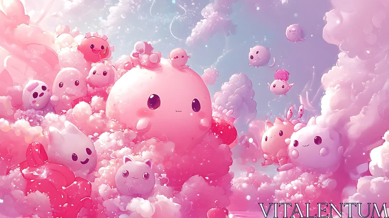 Pink cloud creatures in clustered sky fantasy scene.