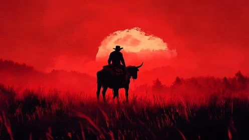 Lone cowboy rides into a blazing red sunset horizon.