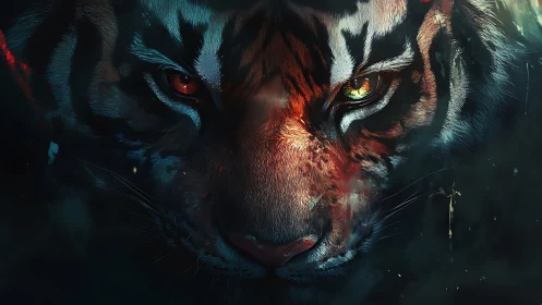 Fierce tiger portrait burns through shadow with glowing eyes