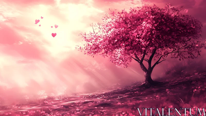 Ethereal Blossom Landscape with Luminous Pink Tree.