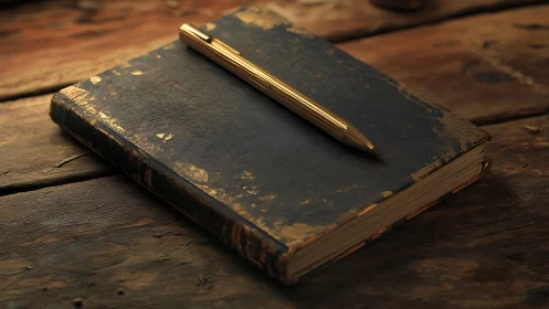 Weathered journal and brass pen quietly rehearse old stories