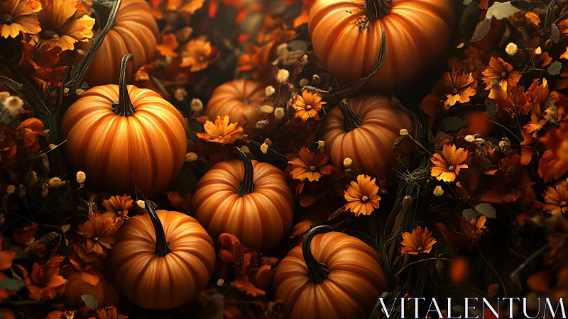 Pumpkins rest among dense orange flowers in warm light