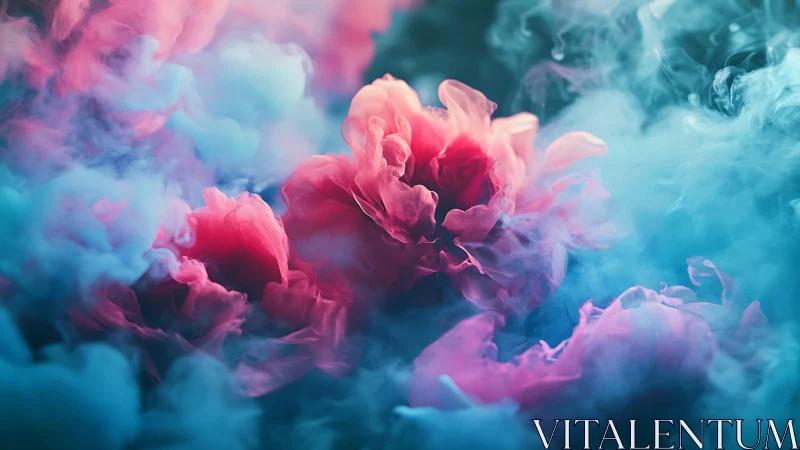 Neon peony clouds bloom through iridescent cyan mist.