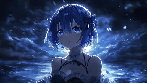 Blue haired anime girl gazes over moonlit stormy ocean