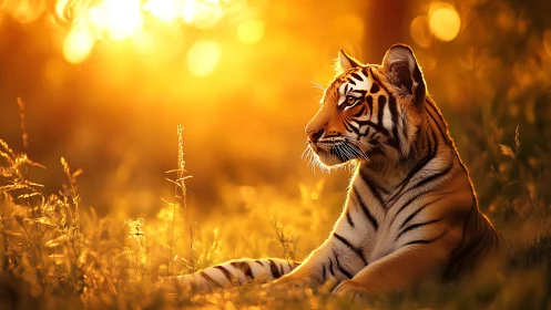 Juvenile tiger in golden-hour grassland rendered photorealistically