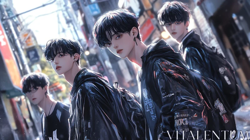 Four stylish teens walk through a neon lit rainy city street