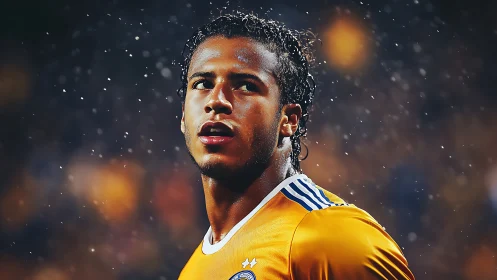 Focused soccer player in yellow kit under stadium rain.