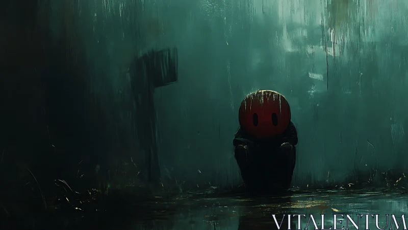 Quiet red-headed figure resting in a rainy, moody alleyway.