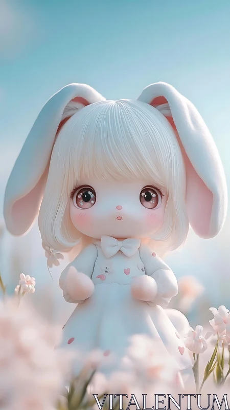 Kawaii bunny doll in pastel flower field at sunrise.