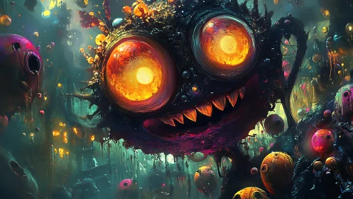 Glowing-eyed cosmic monster looms over neon alien cityscape