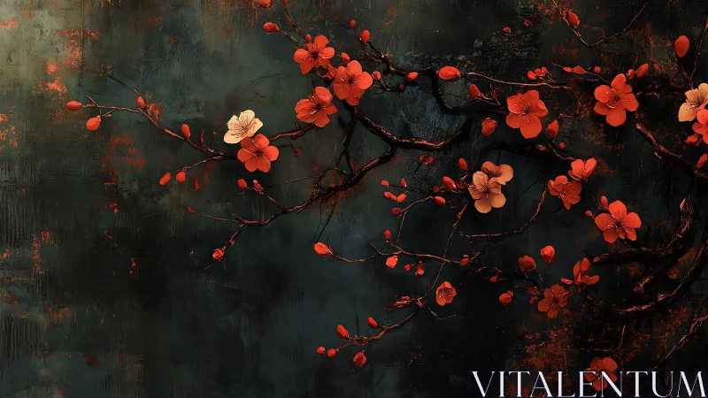 Dark textured backdrop with vivid red cherry blossoms