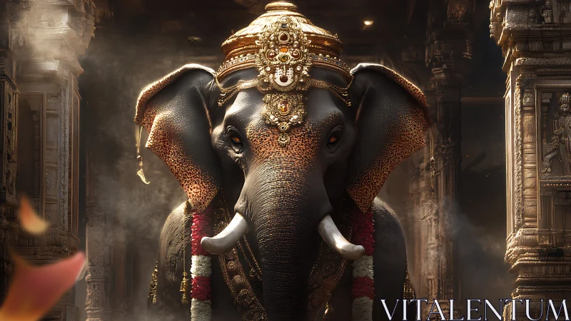 Decorated temple elephant with ornate gold ceremonial adornment.