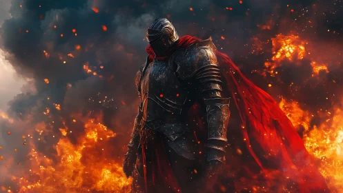 Armored knight with red cloak amid dense fire and smoke.